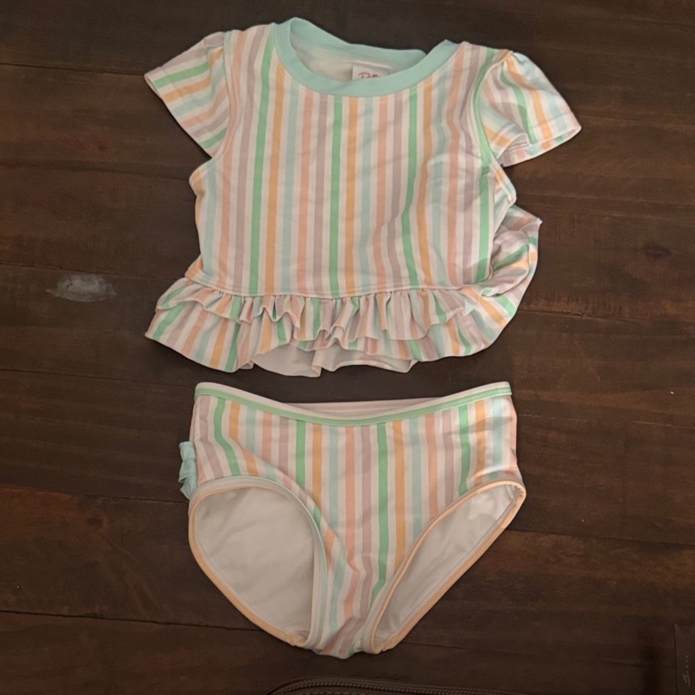 Ruffle Butts Mint Trim Pastel Stripe Swim Set